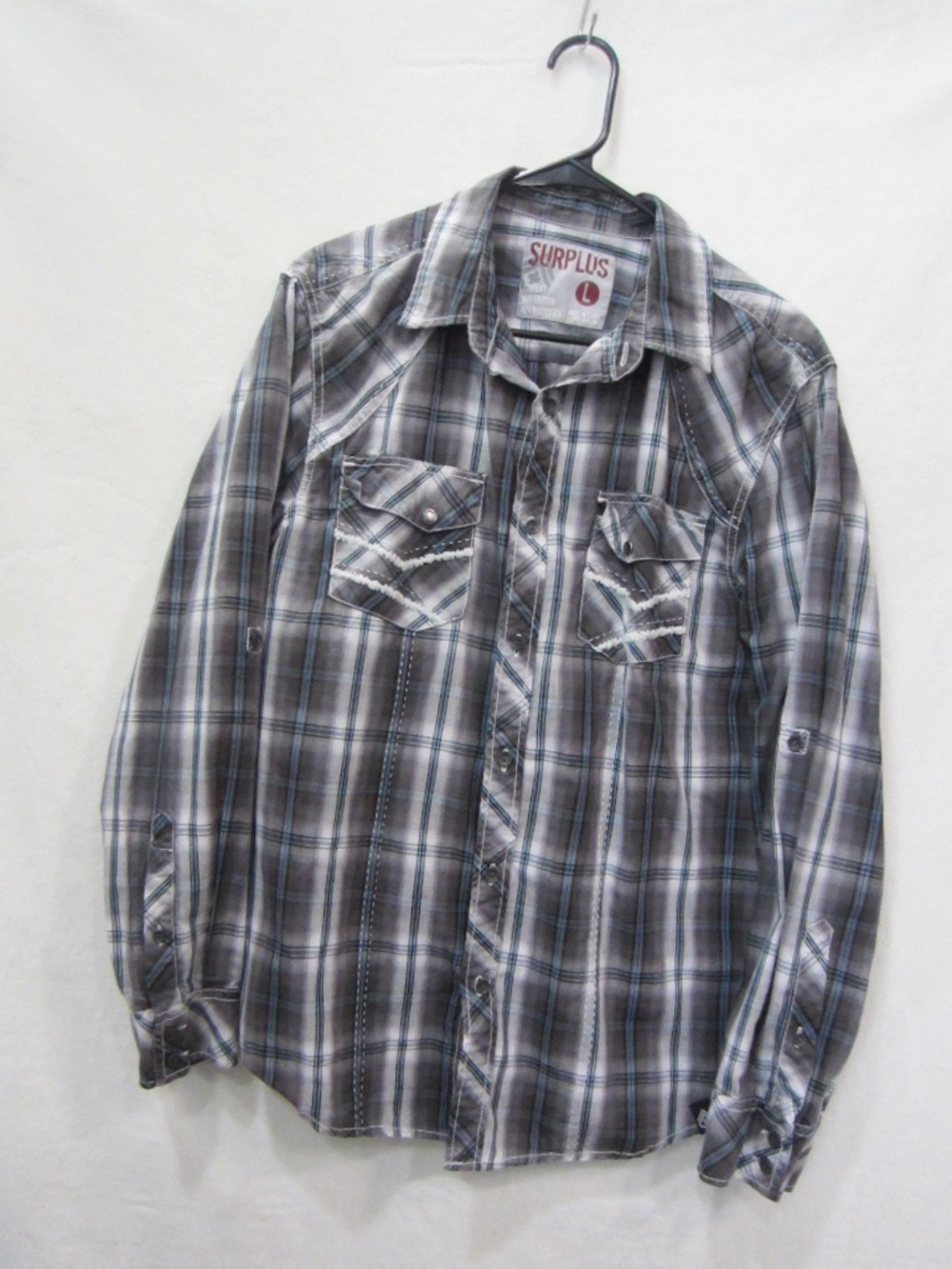 Surplus Mens Long Sleeve Large Button Down Black/Gray/ Blue Plaid Western Shirt